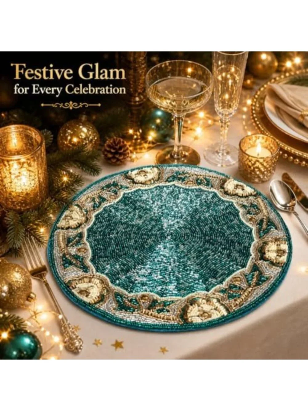 Teal Silver White Gold Beaded Round Placemats 13” - Elegant Charger for Dining